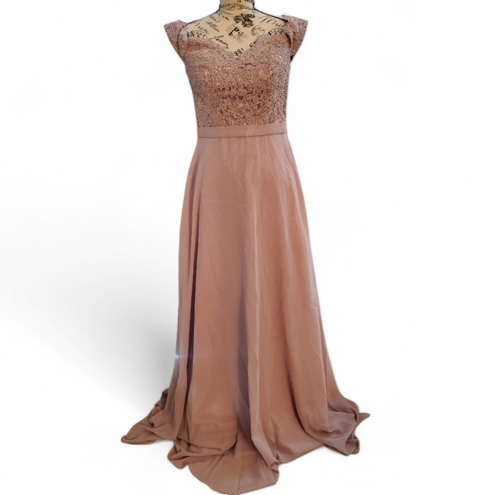 NWT May Queen - MQ1601 Lace Appliqued Chiffon Off Shoulder Formal Gown